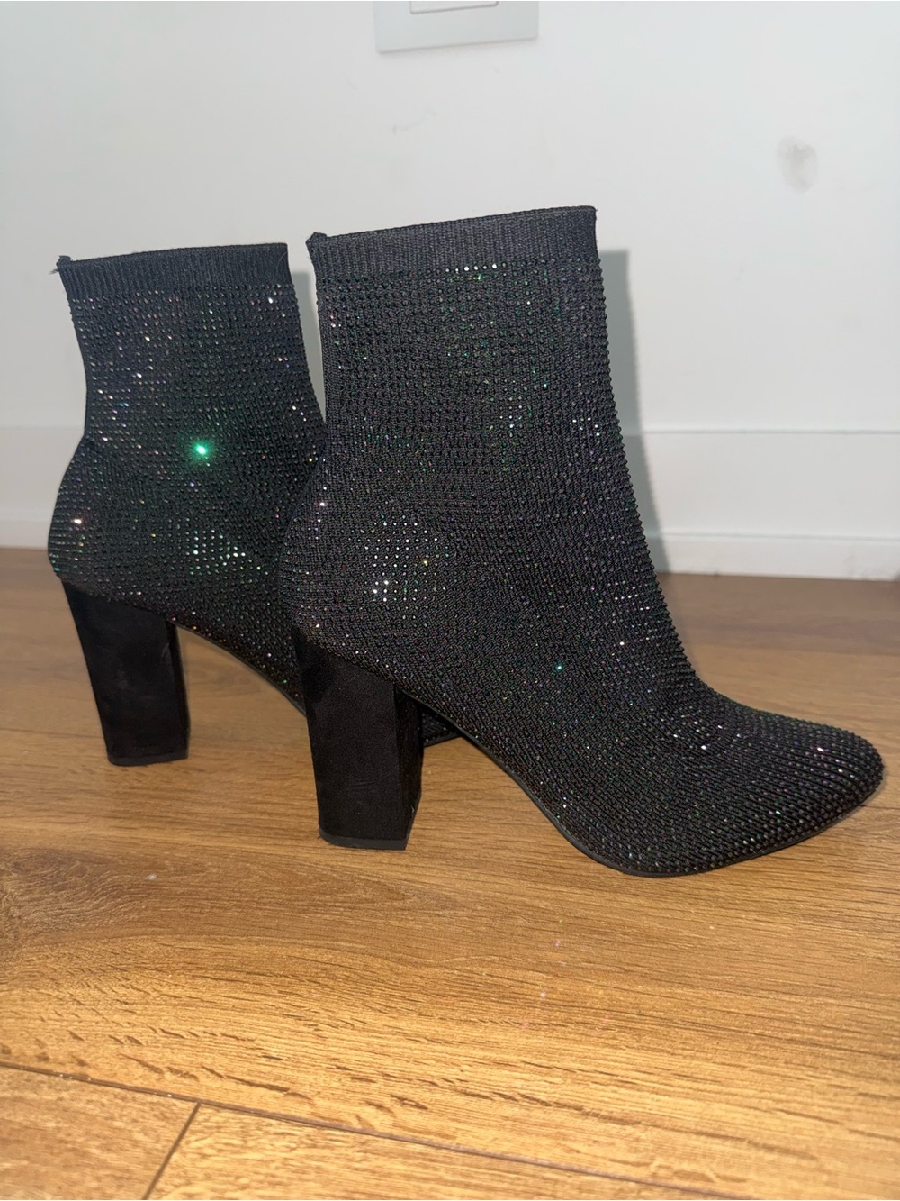 Women’s Black Sparkle Sock Booties - Elegant Block Heel